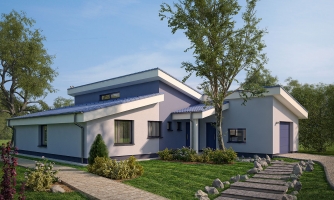 L-shaped house with shed roofs.